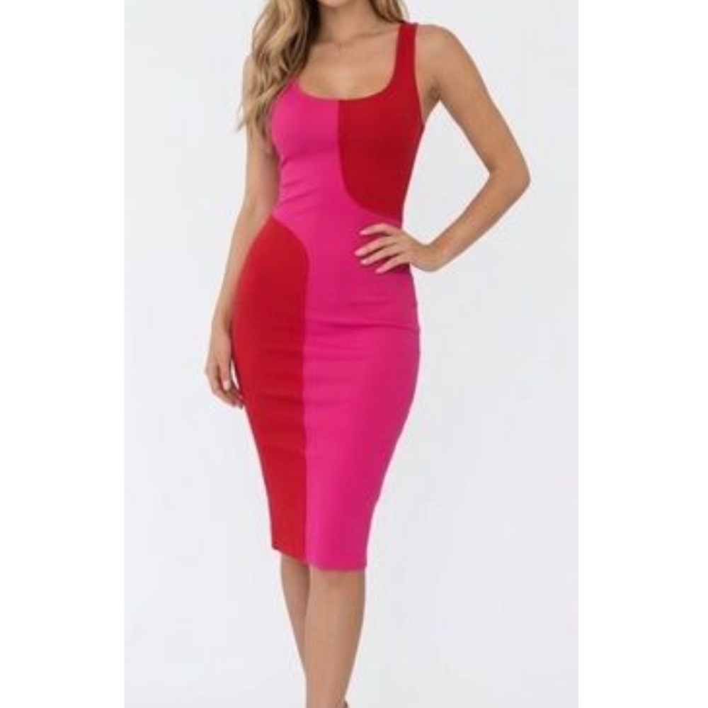 New Naked Wardrobe Pink Red Colorblock Ribbed Midi Dress Red/Pink Large BODYCON